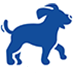 Blue cartoon dog walking, wagging tail, smiling.