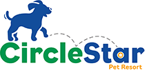 Blue dog over green "Circle" and blue "Star" text with Pet Resort.