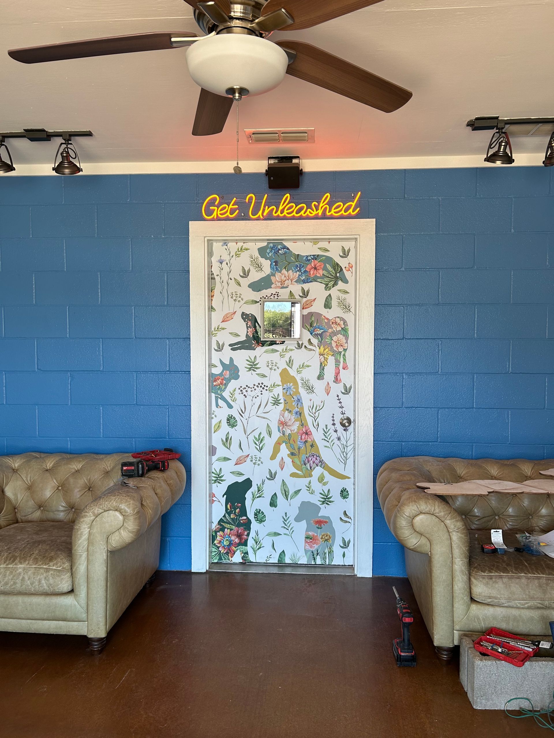 Interior with blue walls, decorated door with animal pattern, two beige couches, and a