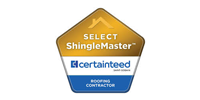 A Select ShingleMaster badge with a golden top section, blue bottom, and a white center with the CertainTeed logo.
