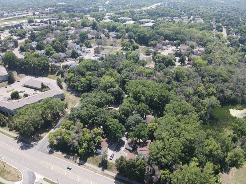 Aerial view of suburban homes surrounded by green trees and a road.