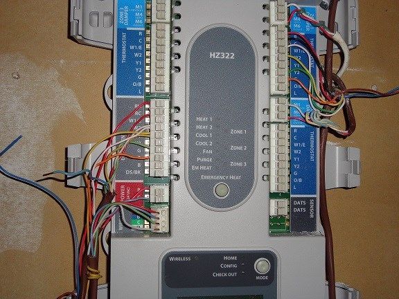 Close-up of a gray security system panel with multiple colored wires connected to terminals.