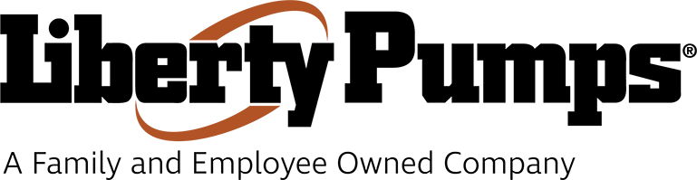 Logo for Liberty Pumps: black text and a brown oval, 