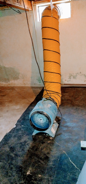 A large yellow hose extends from a blue air circulator placed in a basement.