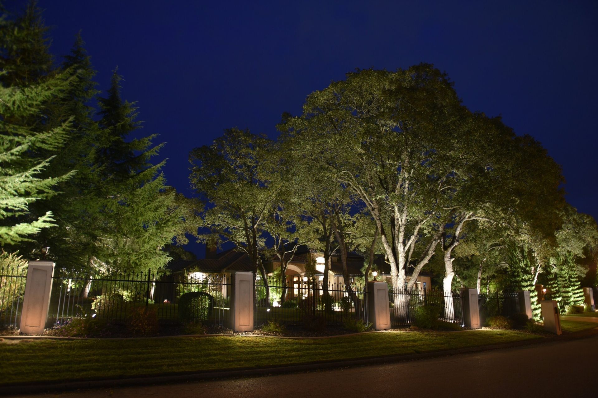 Night view of a house with illuminated trees and pillars, dark blue sky.