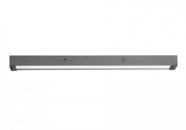 A slim, gray LED under-cabinet light fixture with a bright, white light bar.