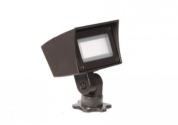 Brown adjustable LED spotlight with a built-in hood, mounted on a base.