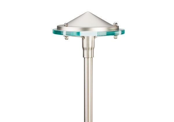 A brushed-metal landscape light with a conical head and turquoise glass accent.
