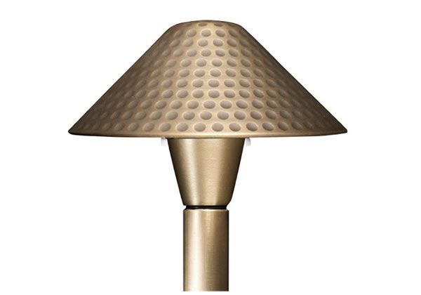 Bronze-colored outdoor path light with textured shade, on a white background.