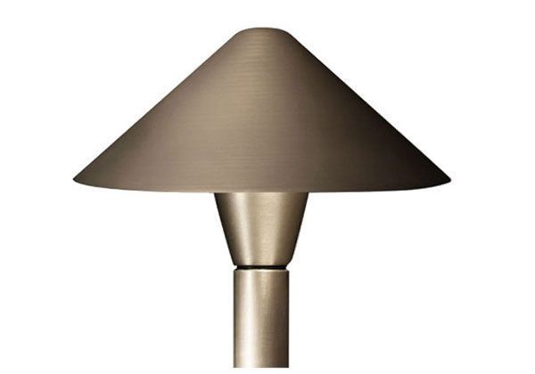 Bronze-colored landscape path light with a conical shade, set against a white background.