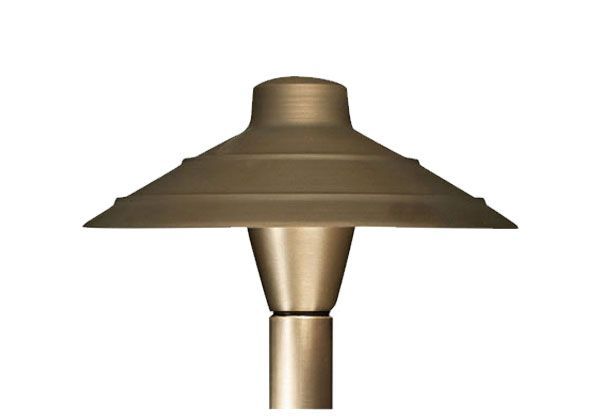 Bronze-colored outdoor path light with a wide, tiered shade and cylindrical base.