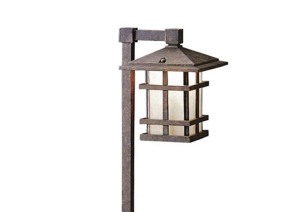 Brown outdoor post lamp with a square, lantern-style shade.