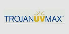 Trojan UVMAX logo with blue and yellow text and a dotted sun design.