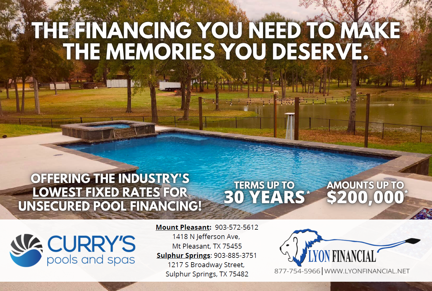 Curry's Pools & Spa offers the industry's lowest fixed rates for unsecured pool financing