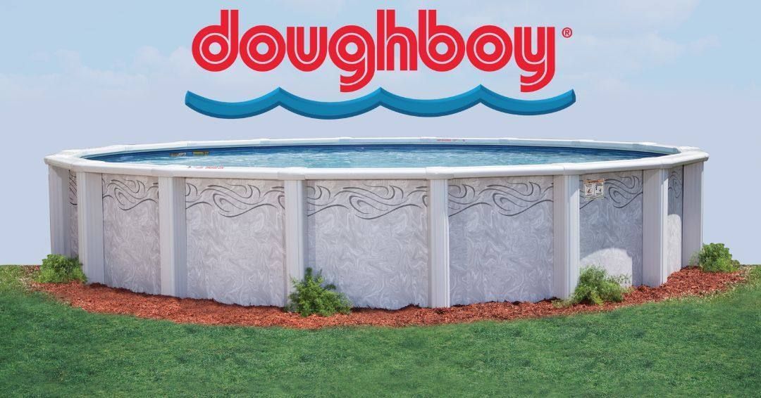 Doughboy logo above a large white above-ground pool in a grassy yard