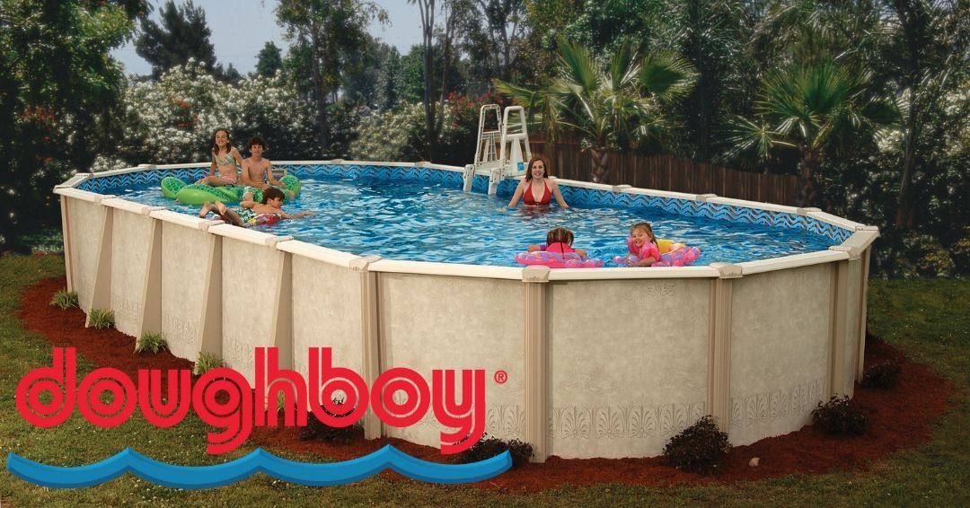 Above-ground swimming pool in a backyard with people swimming; red oughboy logo at bottom left