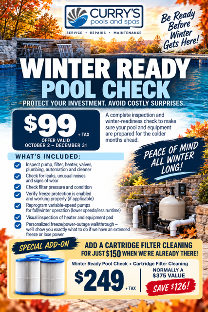 Winter-ready pool check ad with $99 service, blue winter scene, and filter cleaning offer for $249