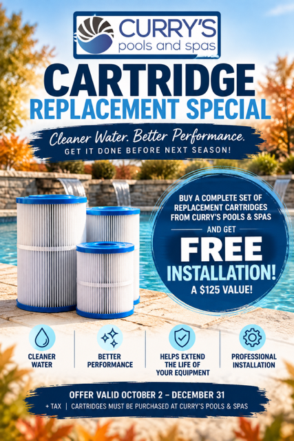 Curry’s Pools and Spas ad for cartridge replacement special with free installation, blue water and pool filters