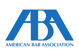 A blue and white logo for the american bar association