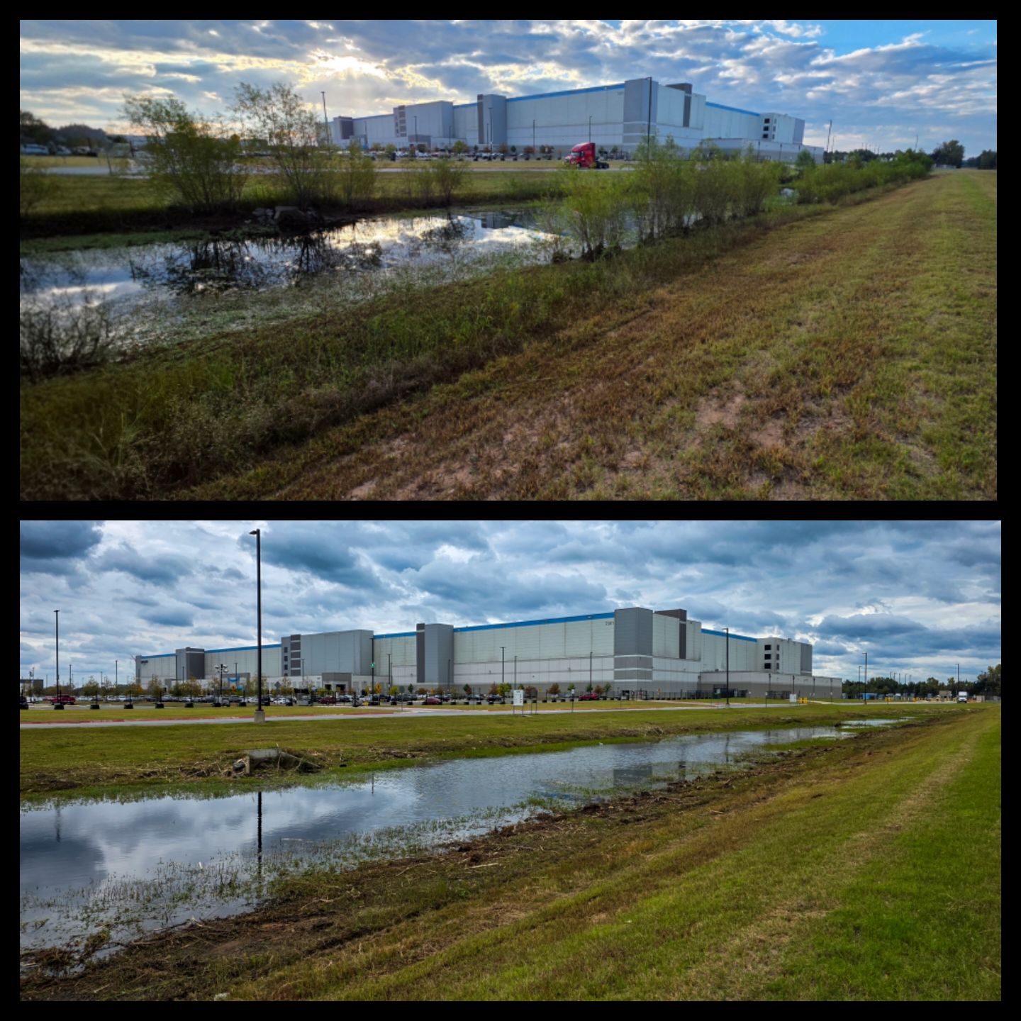 Two photos showing a large warehouse building viewed from across a grass-covered drainage ditch under cloudy skies.
