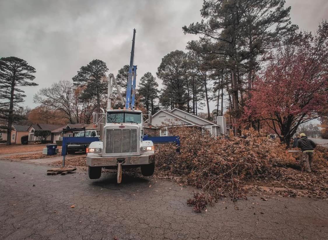 Truck with extended crane removing tree debris in a residential street on an overcast day.