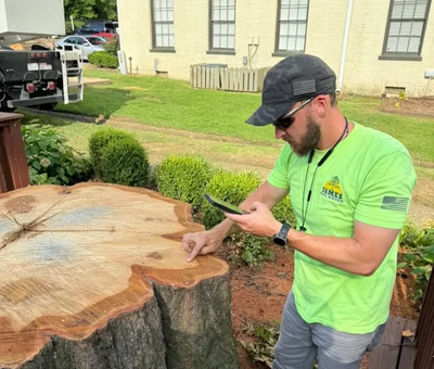 Man in neon shirt examines a tree stump, using a phone outdoors near a house and truck.