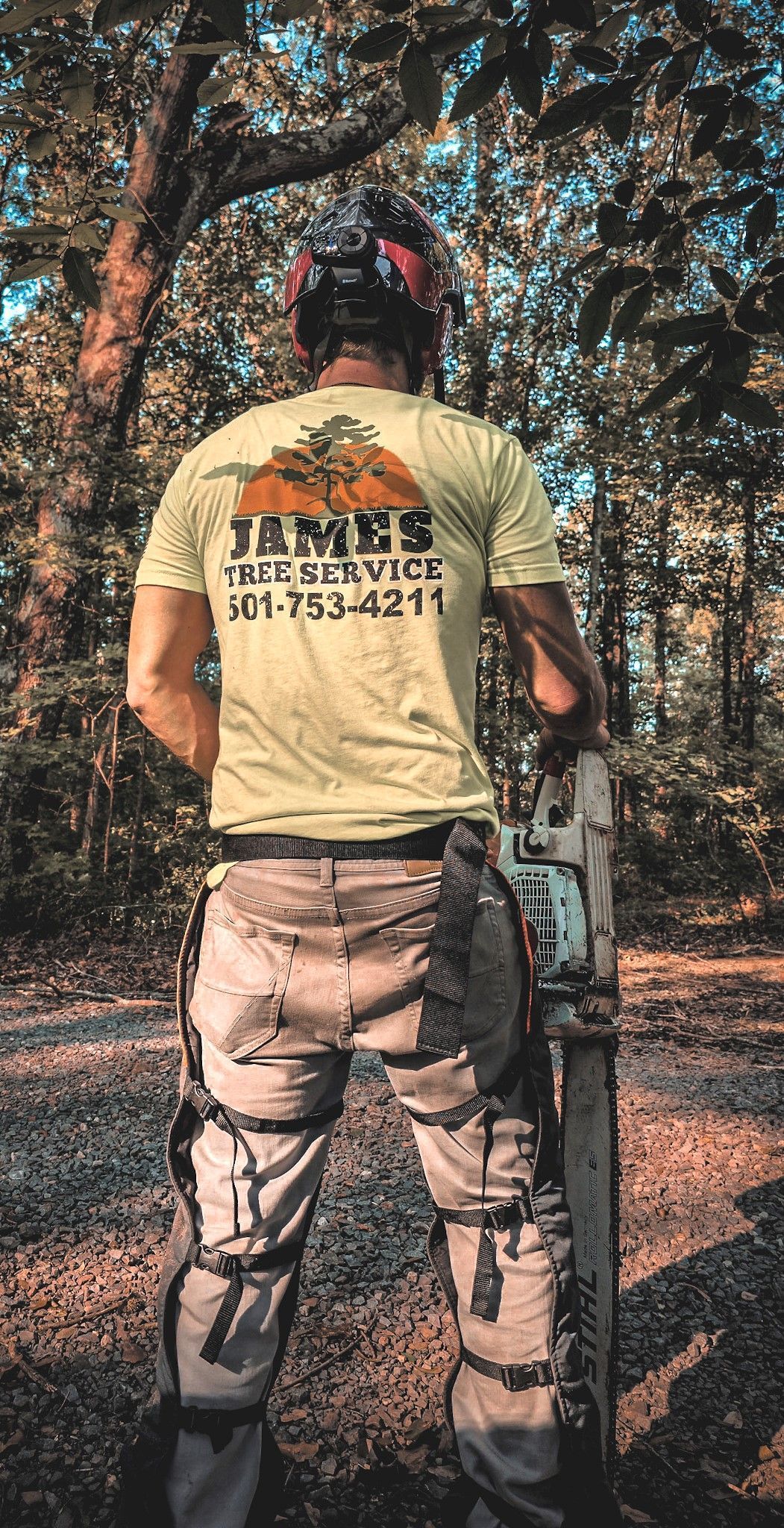 Man in safety gear holding chainsaw; forest background. Yellow shirt with tree service logo.