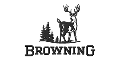 Browning logo with a deer and trees in black silhouette above the word “BROWNING”