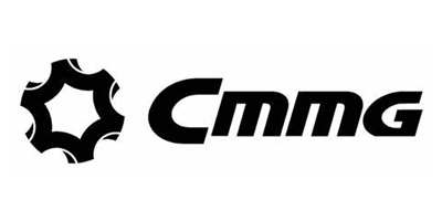 Black geometric emblem with the word “cmmg” in italic black lettering on a white background