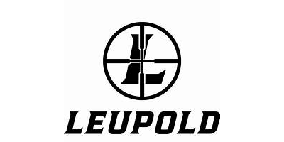 Leupold logo with black circular crosshair emblem and bold wordmark on white background