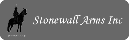 Black logo of a horse rider beside “Stonewall Arms Inc” on a gray rounded rectangle