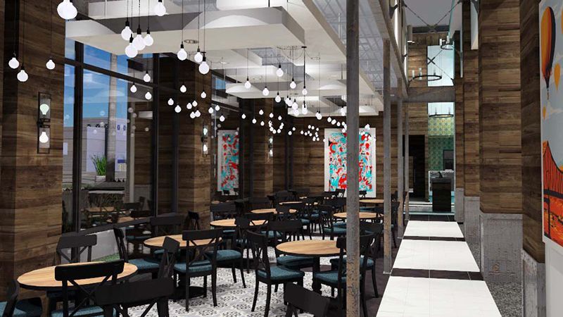 An artist 's impression of a restaurant with tables and chairs.