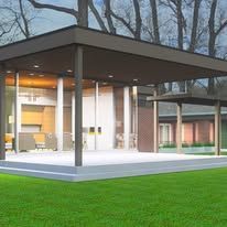 An artist 's impression of a modern house with a large covered patio.