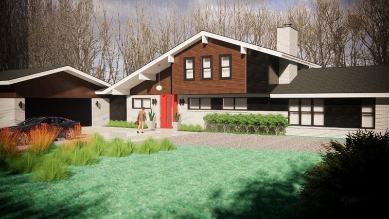A rendering of a house with a red door and a car parked in front of it.