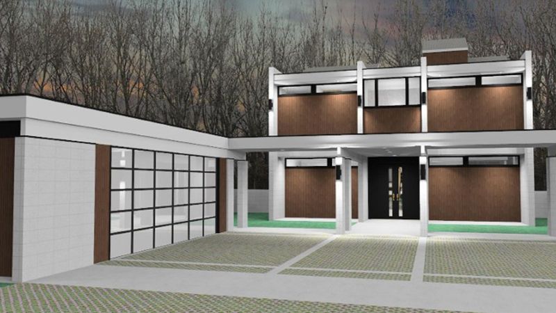 An artist 's impression of a modern house with trees in the background