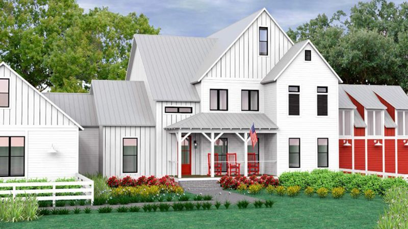 An artist 's impression of a white house with red trim