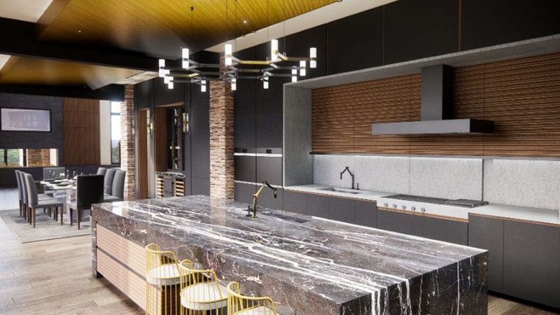 An artist 's impression of a kitchen with a large island in the middle.