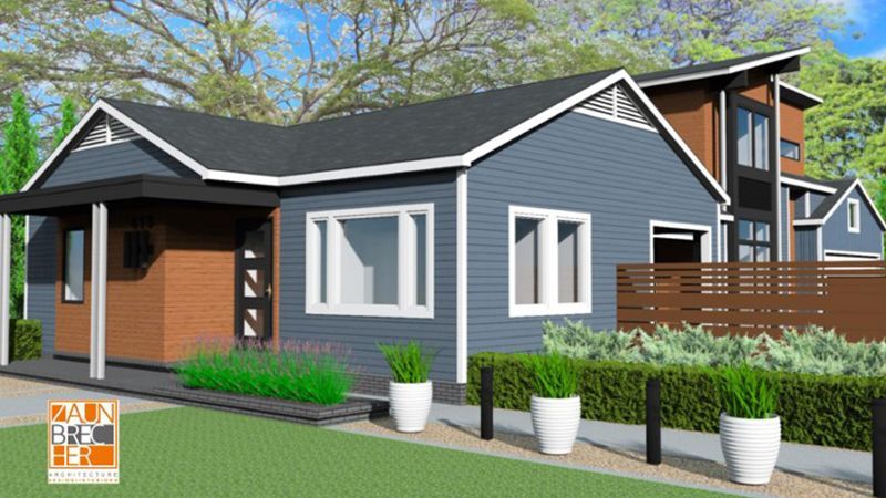 An artist 's impression of a house with potted plants in front of it