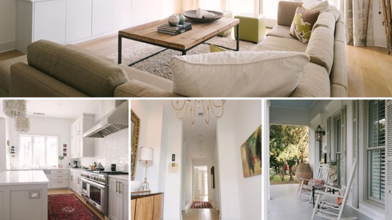 A collage of three pictures of a living room , kitchen , and porch.