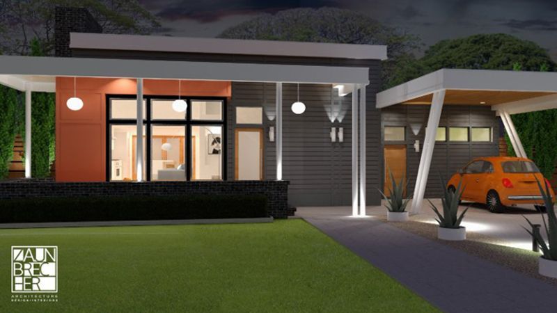 A house with a car parked in front of it