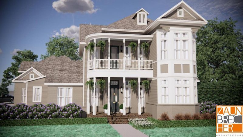 An artist 's impression of a large house with a porch