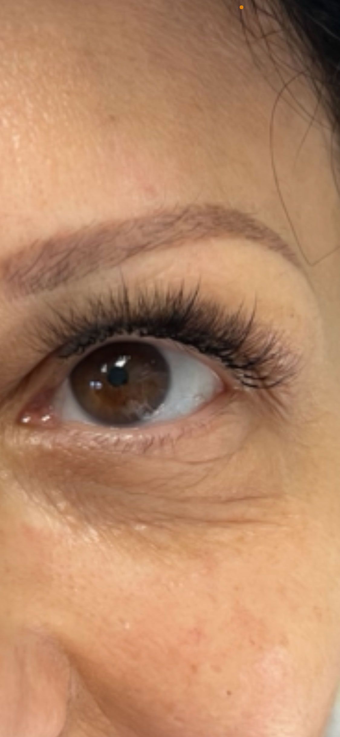 A close up of a woman's eye with long eyelashes