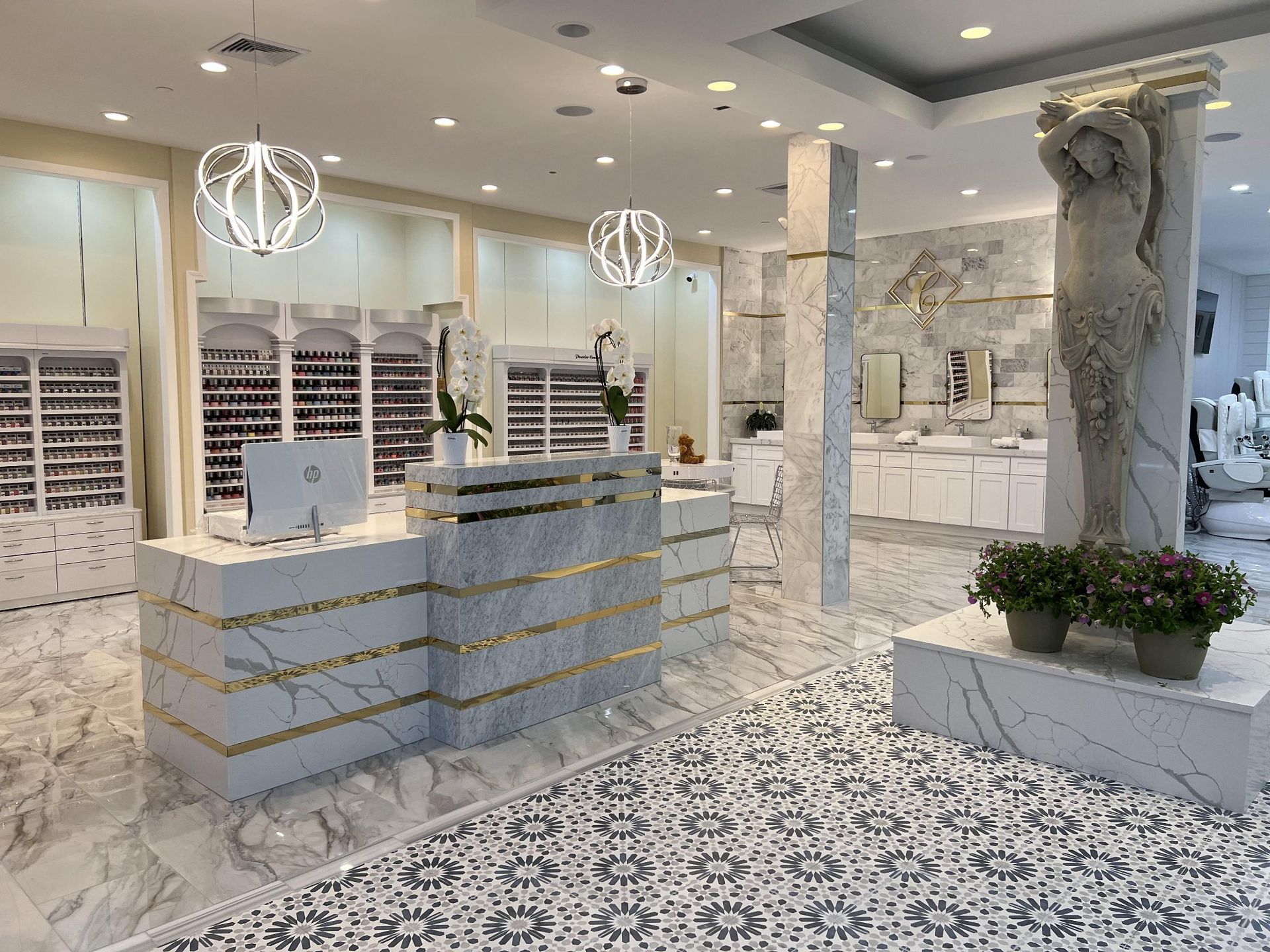 There is a statue of a woman in the middle of the room.