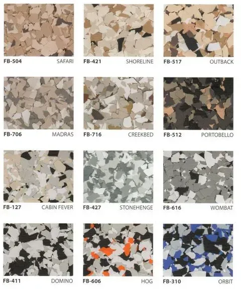 Color samples of epoxy flooring. Various speckled patterns in earth tones, grays, and bold colors like orange and blue.