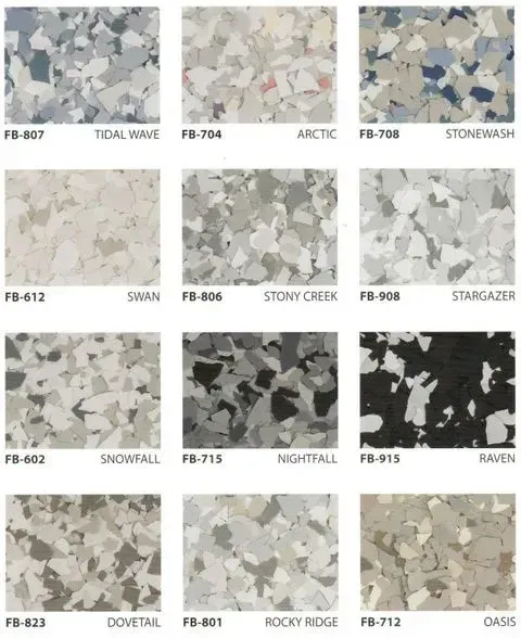 Collection of speckled floor coating samples in various color patterns.