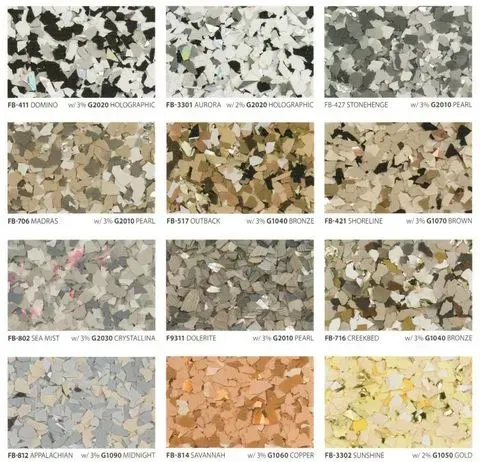 Twelve speckled floor coating color samples.