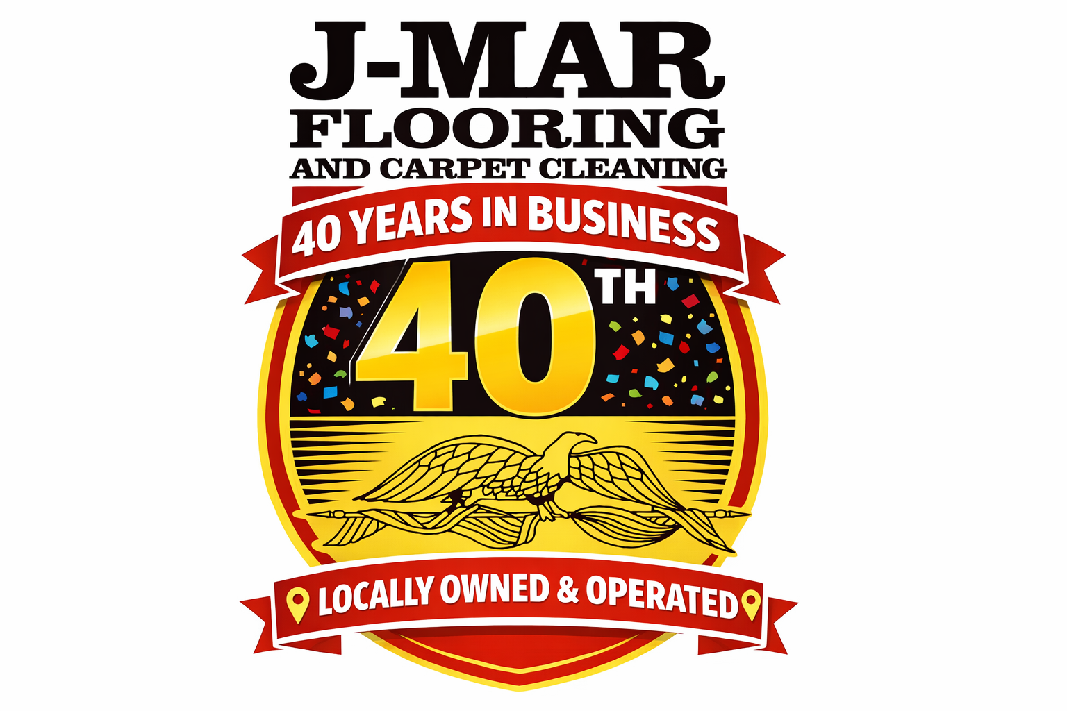 A logo for J-MAR Flooring and Carpet Cleaning featuring a gold 40th anniversary emblem and an eagle illustration.