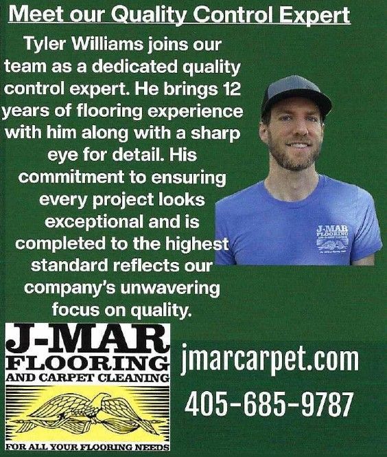 A J-Mar Flooring advertisement introduces Tyler Williams as a quality control expert, with company contact information.