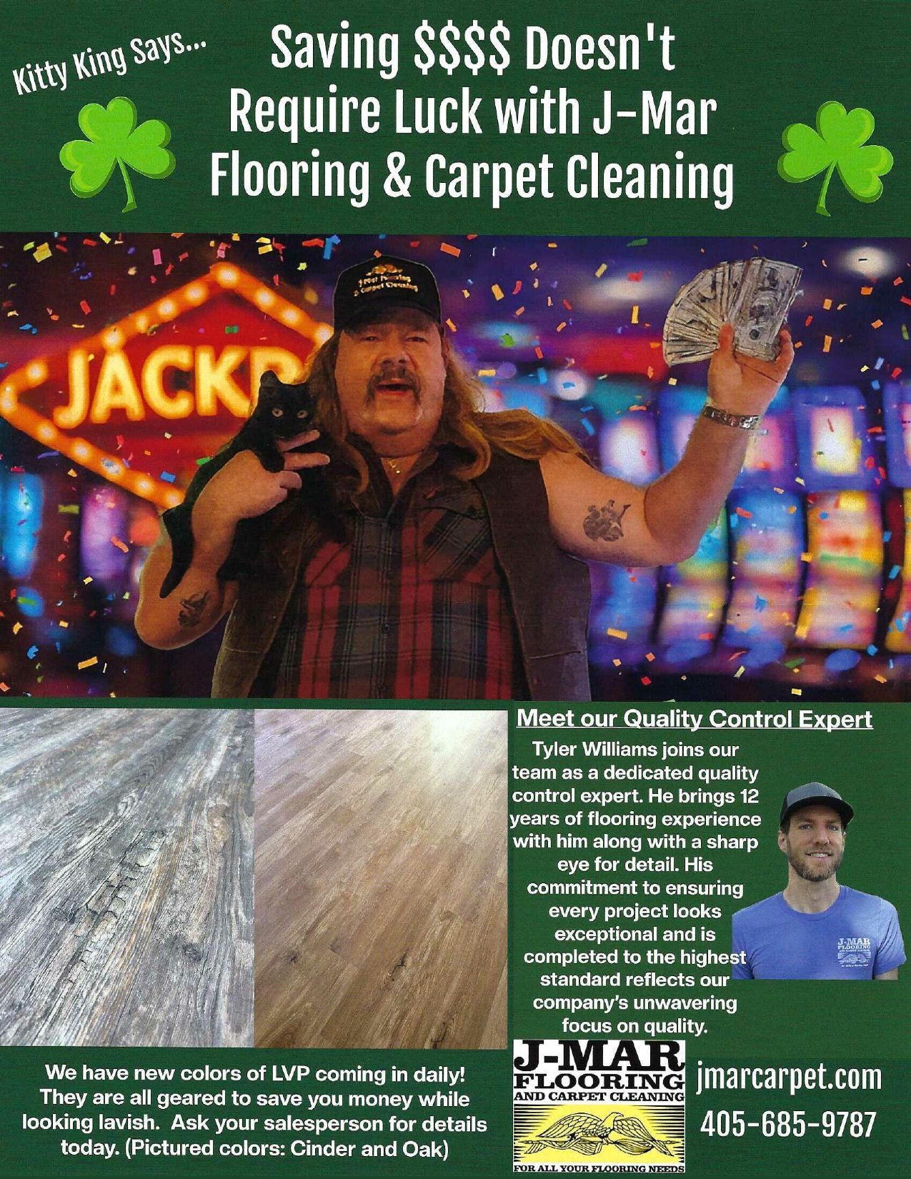 Advertisement for J-Mar Flooring and Carpet Cleaning featuring a person holding a cat and money, and flooring samples.