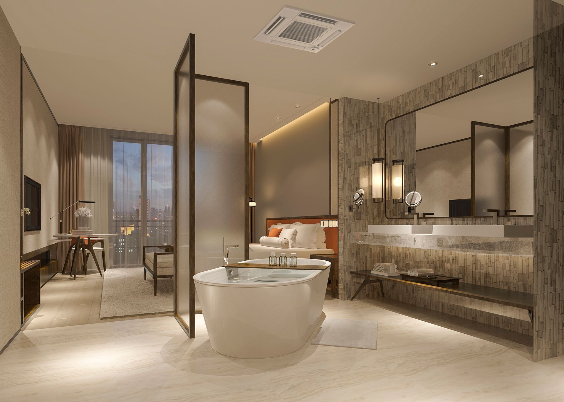 Luxurious hotel bathroom with freestanding tub, vanity, and neutral tones.